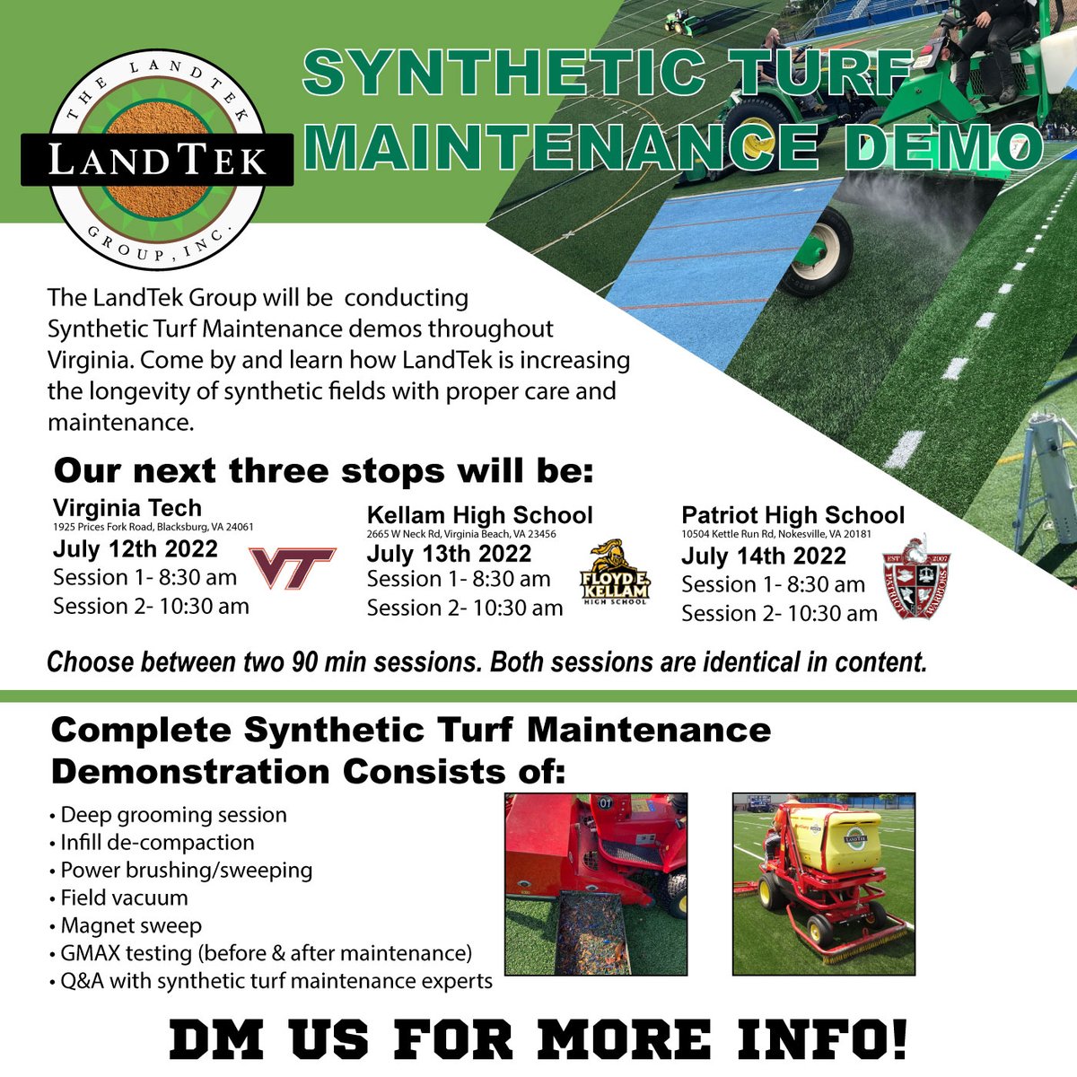 TheLandTekGroup's tweet photo. The LandTek Group will be conducting Synthetic Turf Maintenance demos throughout Virginia. Come by and learn how LandTek is increasing the longevity of synthetic fields with proper care and maintenance.
#Maintenance #GMaxTesting #Safety #Sports #SyntheticTurf #Turf #Virginia https://t.co/b4zbG6zIlm