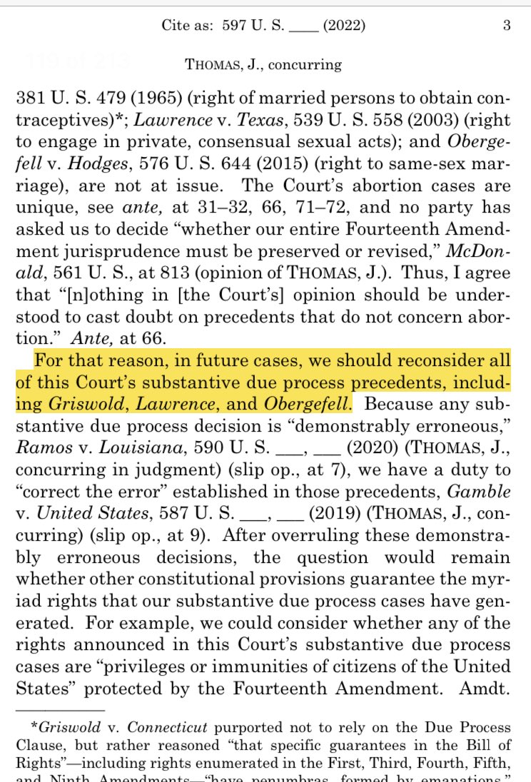 Clarence Thomas, in his concurring opinion overturning the Constitutional right to legalized abortion, eyes other rights found to be Constitutionally guaranteed based on substantive process — birth control, same-sex marriage and consensual sodomy.

supremecourt.gov/opinions/21pdf…