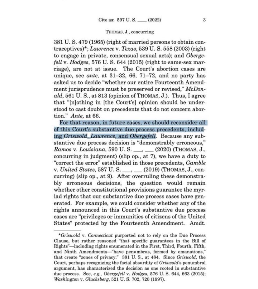The court isn’t done yet. Thomas says the court should reconsider rulings protecting contraception, same-sex relationships, and same-sex marriage.