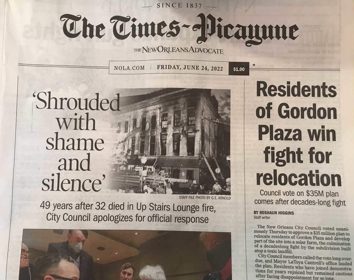 A historic day for New Orleans and the <a href="/NOLACityCouncil/">New Orleans City Council</a> — a formal apology for the UpStairs Lounge fire response and approval of funds for the relocation of the Residents of #GordonPlaza. With gratitude to the many determined advocates who made these things happen.