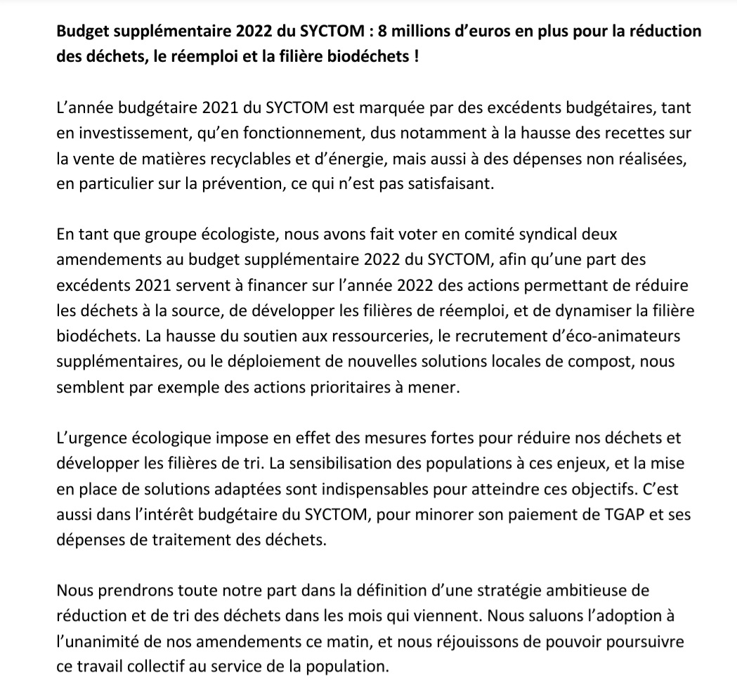 Communiqué du groupe écolo <a href="/LeSyctom/">Le Syctom ♻</a> 

Budget supplémentaire 2022 du SYCTOM : 8 millions d'euros en plus pour la réduction des déchets, le réemploi et la filière biodéchets ⤵️
