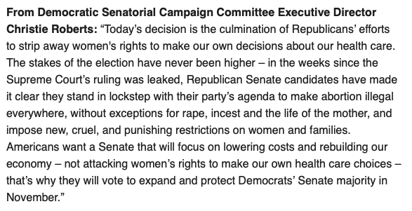 From @DSCC's <a href="/C_Roberts310/">Christie Roberts</a>: "The stakes of the election have never been higher... Republican Senate candidates have made it clear they stand in lockstep with their party’s agenda to make abortion illegal everywhere, without exceptions for rape, incest and the life of the mother."