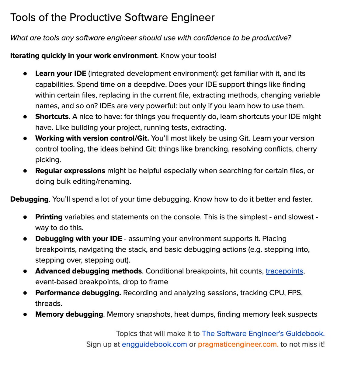EngGuidebook's tweet image. What are tools of a productive software engineer?

- Knowing your IDE and its capabilities
- Debugging. Know how to use tools to help with this!
- Automated tests. Learn to write robust and good tests.
- CI/CD
- Coding workflow. Small changes &amp;gt; big ones