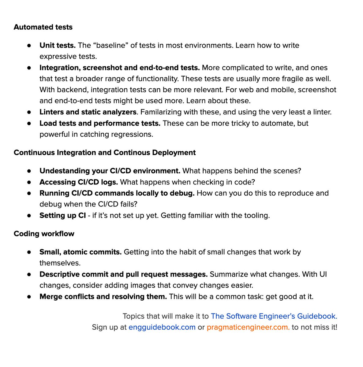 EngGuidebook's tweet image. What are tools of a productive software engineer?

- Knowing your IDE and its capabilities
- Debugging. Know how to use tools to help with this!
- Automated tests. Learn to write robust and good tests.
- CI/CD
- Coding workflow. Small changes &amp;gt; big ones