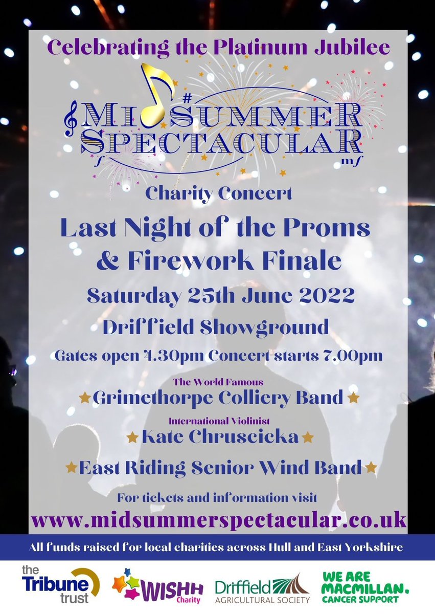 wishhcharity's tweet photo. Only one sleep to go until the incredible #MidsummerSpectacular comes to the @DriffieldShow featuring the world famous @GrimethorpeBand and @KateChruscicka and our very own @ERMusicHub Advance tickets available or pay on the gate! https://t.co/aHg5T4VumI