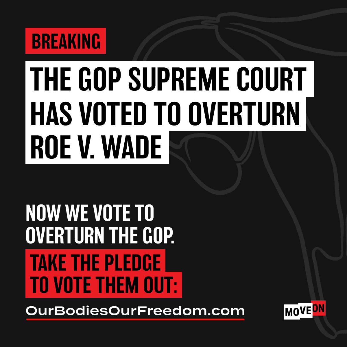 MoveOn's tweet photo. BREAKING: The Supreme Court has made the decision to overturn Roe v. Wade, meaning millions are at risk of losing abortion access. We will not stop fighting.

Take the pledge to vote out the GOP in November: 

https://t.co/4OCmk1qg1F https://t.co/MbkEou2vRO