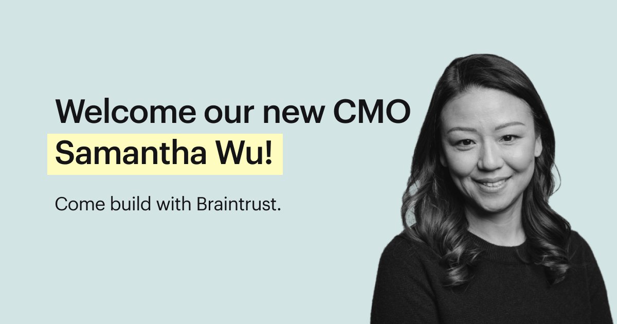 Braintrust is the fastest growing #Web3 network, with a truly global community. 

So who better to become our first Chief Marketing Officer than <a href="/samanthawu/">Samantha Wu</a>, with two decades experience at worldwide #Web2 giants like <a href="/Meta/">Meta</a>, <a href="/Visa/">Visa</a>, and <a href="/AmericanExpress/">American Express</a>? bit.ly/3bip2IS