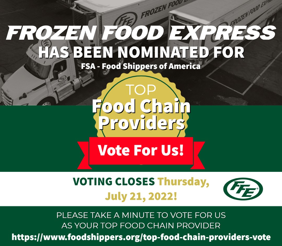 FrozenFoodExp's tweet photo. We are excited to have been nominated for the Food Shippers of America Top Food Chain Providers award. Will you take a minute to vote for us? Voting Closes July 21, 2022.
https://t.co/vJIrXATB87
#topfoodchainproviders #nomiated #voteforus #LTL #trucking #helpuswin https://t.co/R5scS6gQxP