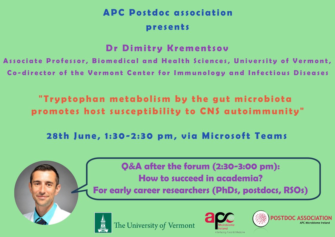 APCPostdoc's tweet photo. We invited one more speaker for the @Pharmabiotic Forum external speaker series before the summer break: Dimitry Krementsov @DKrementsov is going to give a talk next Tue, 28th June at 1:30 pm followed by a Q&amp;A for early career researchers. #postdoc #CareerDevelopment https://t.co/7XRVC0t0TE