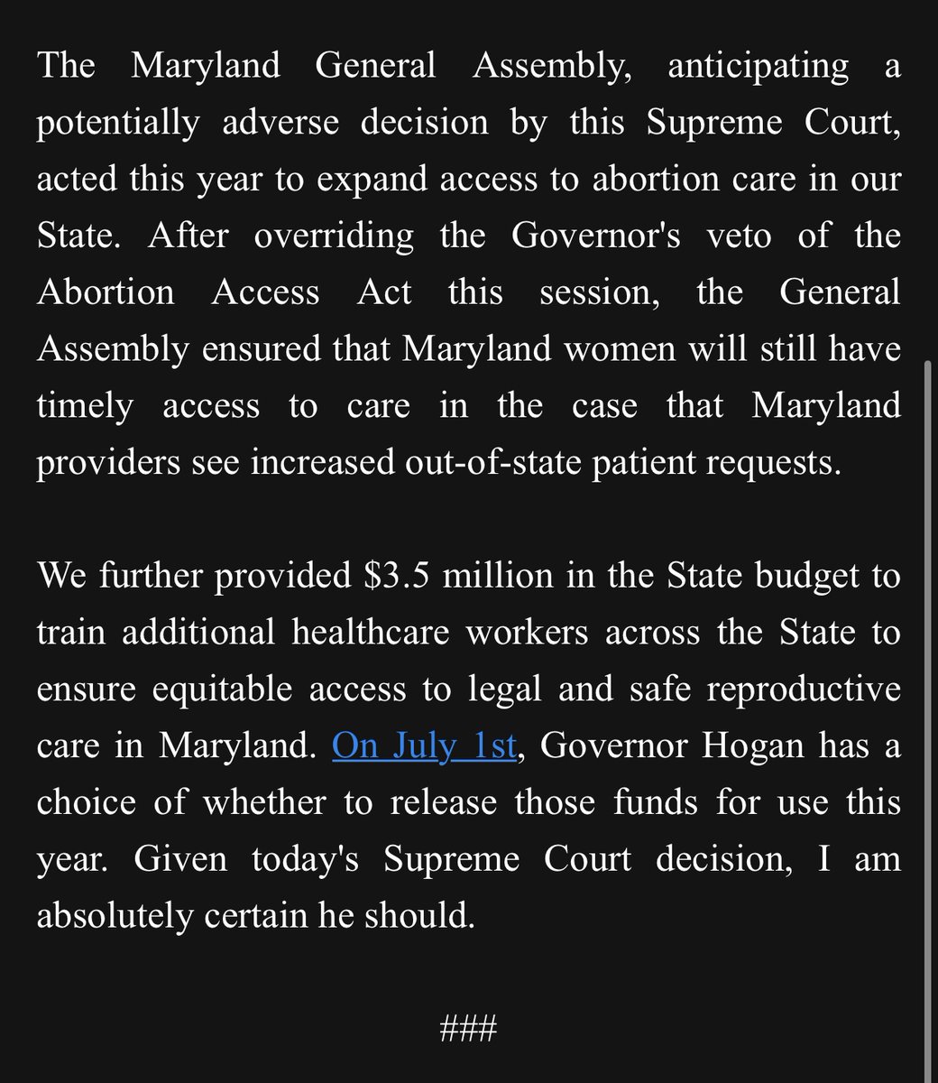 SenBillFerg's tweet photo. While many may now question the future of reproductive rights in America, in Maryland, that right will always be protected and enshrined in State law. We will welcome those who seek care in our State.

See my full statement here: https://t.co/b4XwQfuPp7