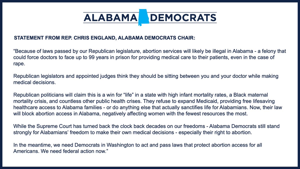 Statement from Alabama Democrats Chair <a href="/RepEngland70/">Chris England</a>: