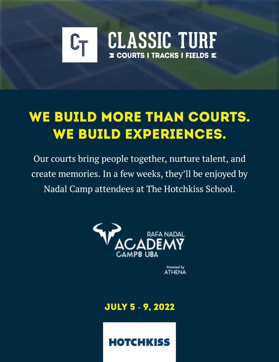We're honored to have the eight new post tension tennis courts we completed to be prominently featured in the upcoming Rafa Nadal Academy tennis camp at the <a href="/HotchkissSchool/">HotchkissSchool</a> in July!

#classicturf #builditright #builditbetter #designbuild #courts #tracks #fields #familyowned
