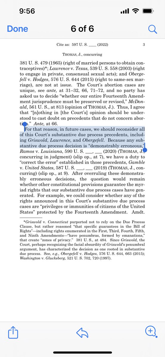 Roe is just the beginning.

Clarence Thomas’ concurrence name-checks cases he wants to reconsider:

•Griswold, which allows contraceptives w/o govt restriction.

•Lawrence, which held unconstitutional crimes against sodomy.

•Obergefell, which brought marriage equality.
