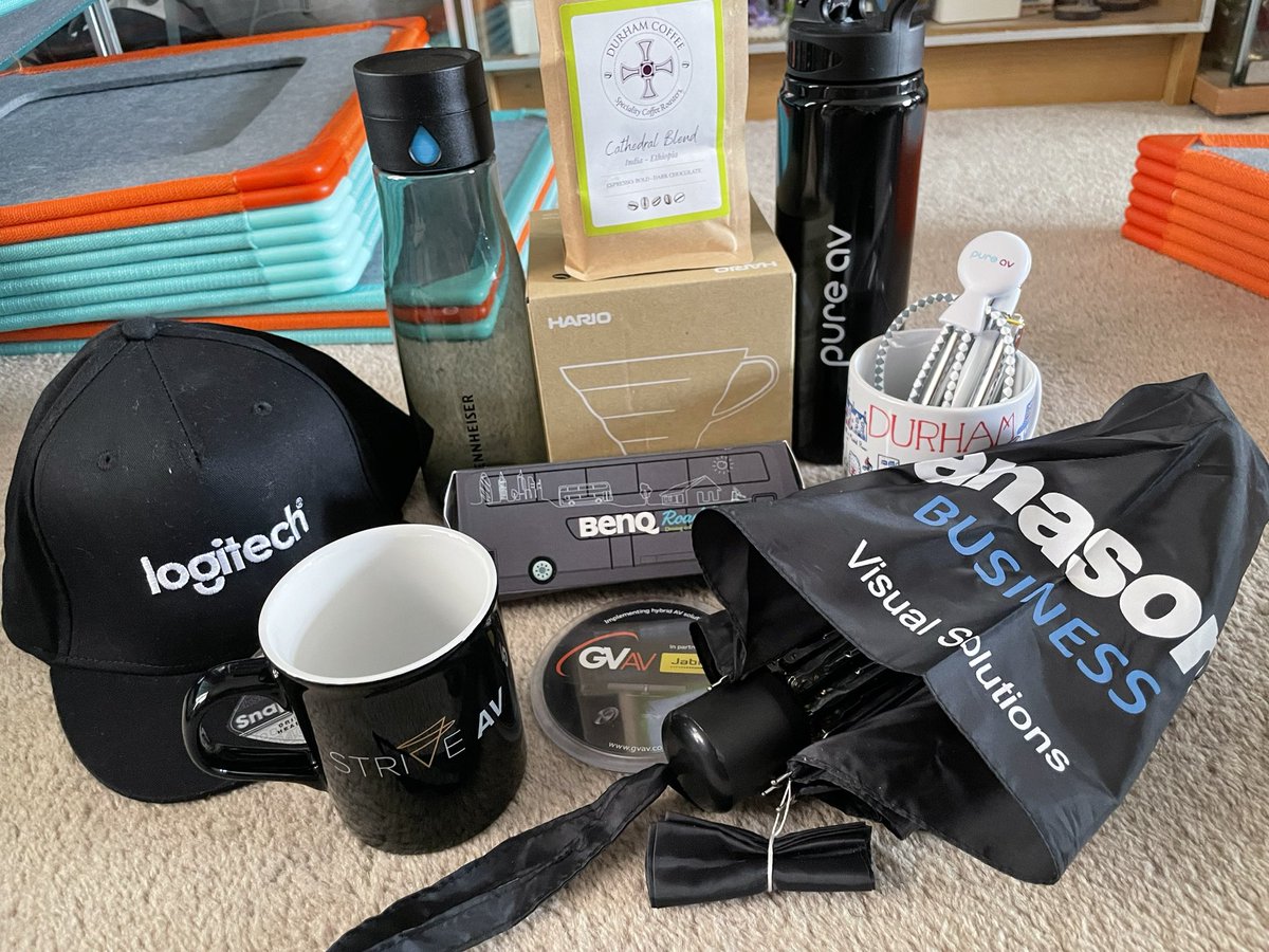 Unpacked my #AVSwag @Sennheiser_UK @Pure_AV @logictechvc @StriveAV @PanasonicProAV @GVAVLtd @BenQEurope + @SCHOMSinfo for the Durham gifts ☕️  #CoffeeLover #unpacked #AVTweeps #snapback