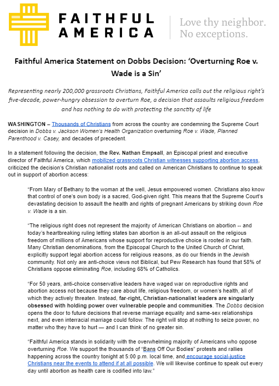 "Overturning Roe v. Wade is a sin": 

Faithful America condemns the Supreme Court's deadly and heartbreaking decision in Dobbs. Full statement here: s3.amazonaws.com/s3.faithfulame…