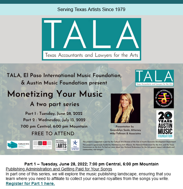 817Arts's tweet photo. TALA Present "Monetizing Your Music" a Two Part Webinar Series https://t.co/5Z3nhfaYCn