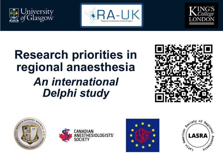 Alan Macfarlane (@ajrmacfarlane) on Twitter photo Excited to announce that <a href="/RegionalAnaesUK/">RA-UK</a> along with AOSRA <a href="/CASUpdate/">Canadian Anesthesiologists' Society</a> <a href="/ESRA_Society/">ESRA | European Society of Regional Anaesthesia</a> LASRA are running an international survey and Delphi aiming to establish the top #regionalanaesthesia research priorities worldwide.
Look out for emails soon
bit.ly/3sKFAzn
#ESRA2022 Excited to announce that <a href="/RegionalAnaesUK/">RA-UK</a> along with AOSRA <a href="/CASUpdate/">Canadian Anesthesiologists' Society</a> <a href="/ESRA_Society/">ESRA | European Society of Regional Anaesthesia</a> LASRA are running an international survey and Delphi aiming to establish the top #regionalanaesthesia research priorities worldwide.
Look out for emails soon
bit.ly/3sKFAzn
#ESRA2022