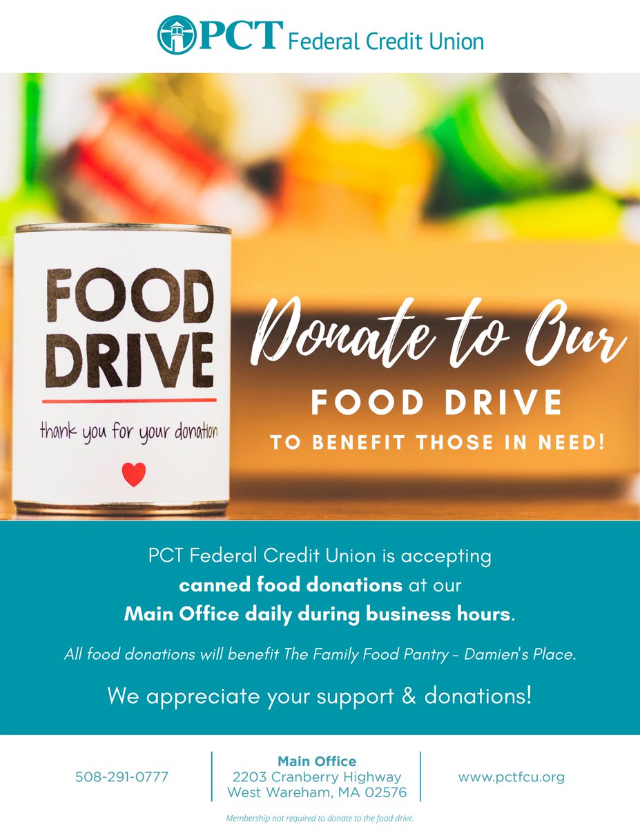 #PCTFederalCreditUnion is now a food drive collection/drop-off spot to benefit #TheFamilyFoodPantry – Damien’s Place during business hours daily. #PCTFCU #WarehamMA #FoodDrive #FoodPantry #CannedFoodDrive #FoodDriveCollections #Community #GivingBack