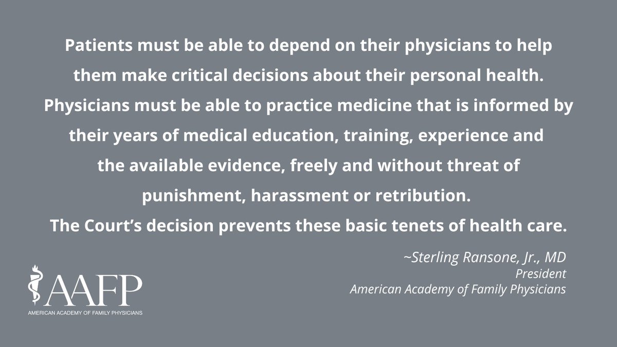 #SCOTUS decision criminalizes medical care, undermines patient-physician relationship and exacerbates health inequities. #AAFP urges state legislators to strike down laws that jeopardize reproductive care and access. ow.ly/7OjM50JGLyi