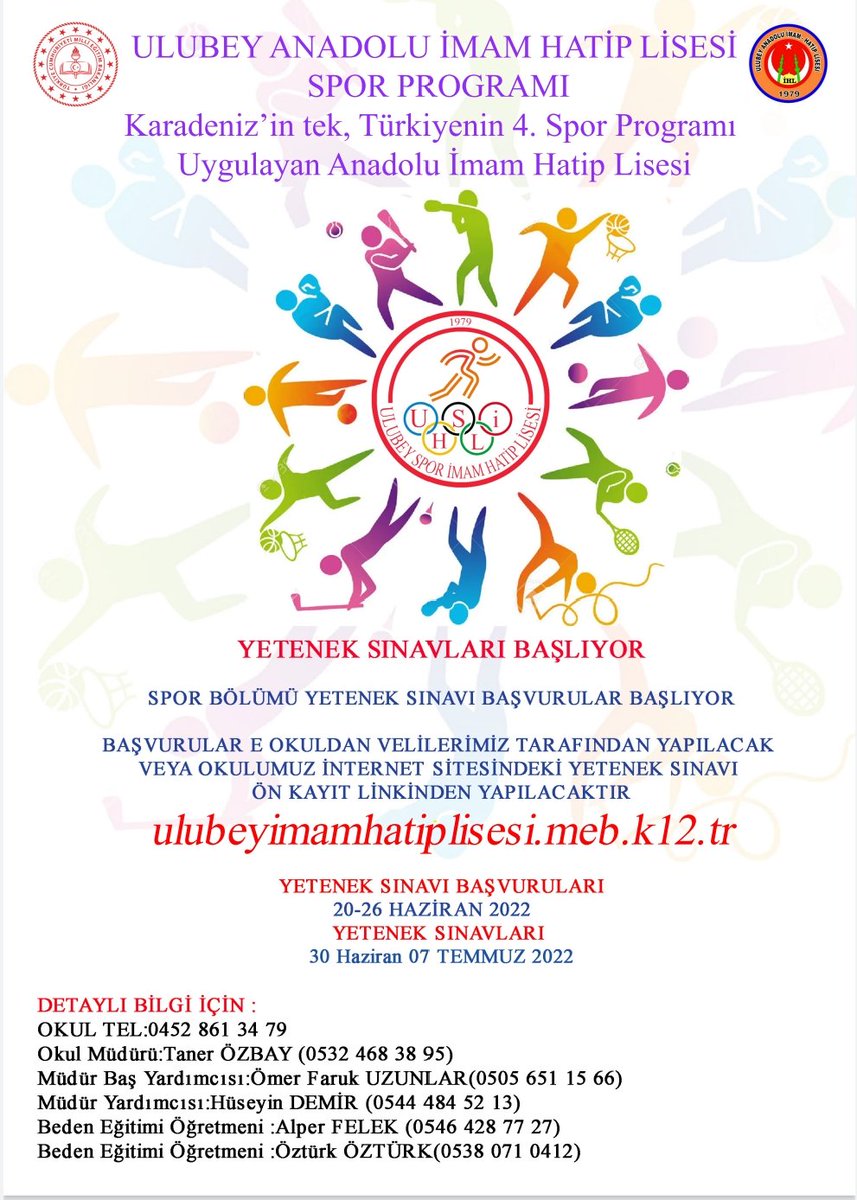 Bakanlığımız tarafından yetenek sınavıyla öğrenci alan okullara başvurular 20-26 Haziran 2022 tarihleri arasında devam ediyor.
Yetenek sınavları 30 Haziran - 7 Temmuz 2022 tarihleri arasında yapılacaktır.

 Başvuru e-kılavuzu için tıklayınız.
👇
🔗meb.ai/Jh3xgm