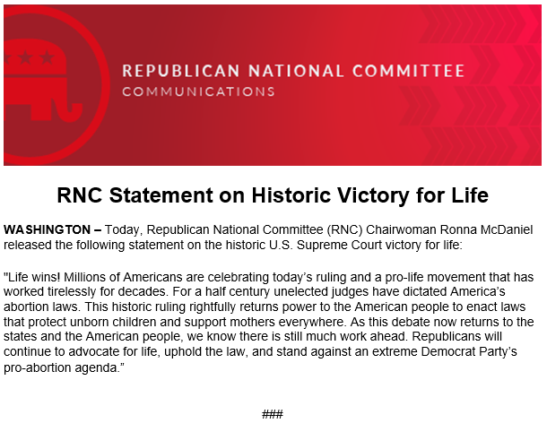 .@GOPChairwoman statement on this historic victory for life!