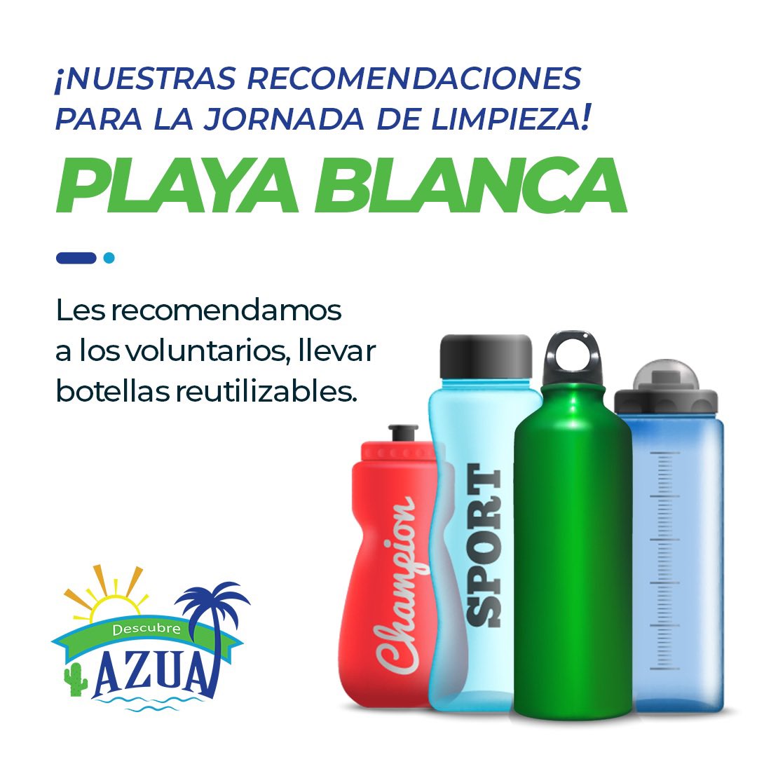 En la actividad, habrá agua para todos los participantes. Sin embargo, sugerimos que lleven sus propios envases para tomarla. Esto es con intención de evitar el uso de desechables que puedan contaminar lo mismo que vamos a limpiar. ¡Hazlo por ti, por Azua y por todos!