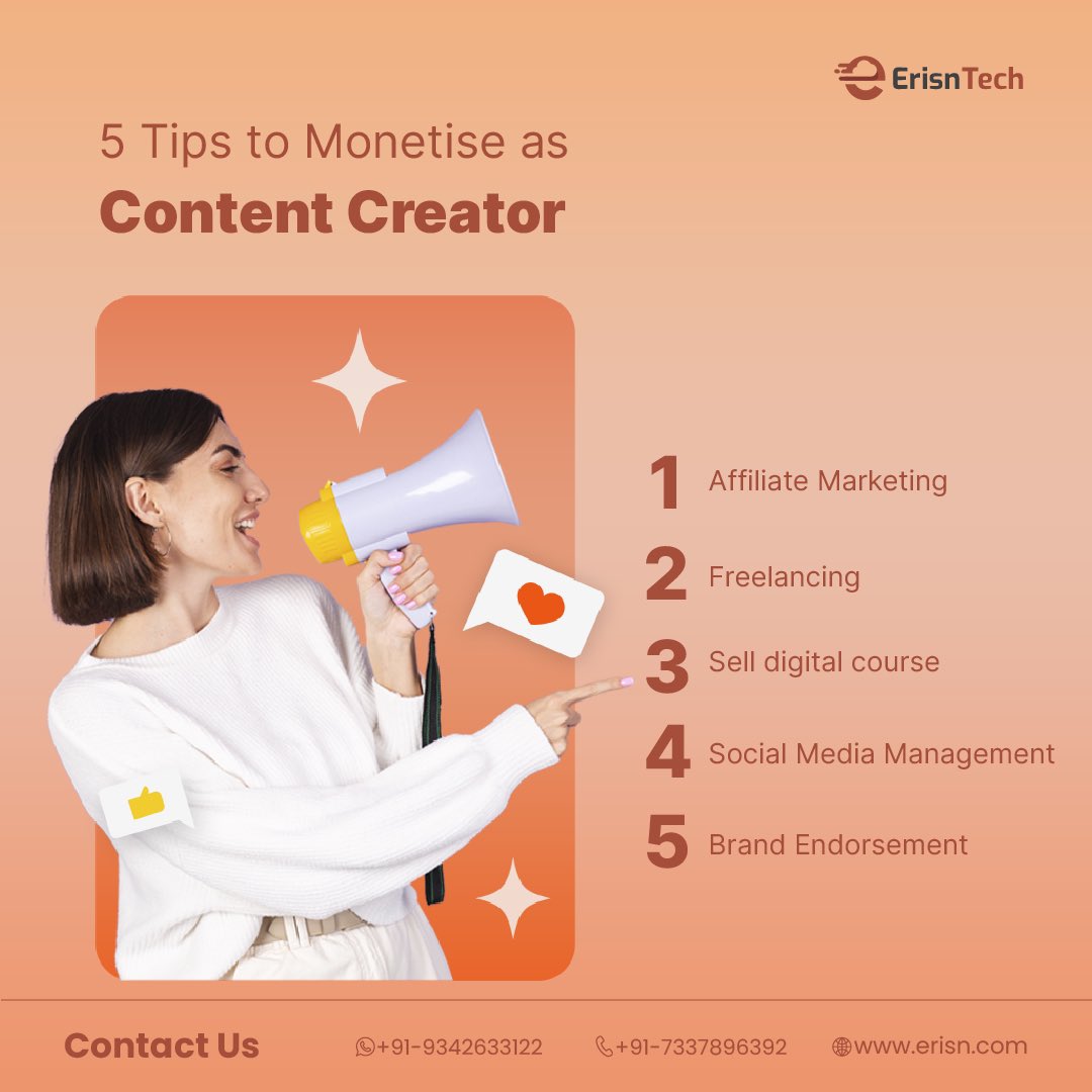 erisntechpvtltd's tweet photo. Are you a content creator looking to monetise your content? Follow these tips.

#content #contentcreator #contentcreation #contentisking #contentmarketing #contentstrategy #contentmarketingtips #contentmarketingagency #affliatemarketing #affliatemarketer #erisntech https://t.co/mfA2y5bkzs