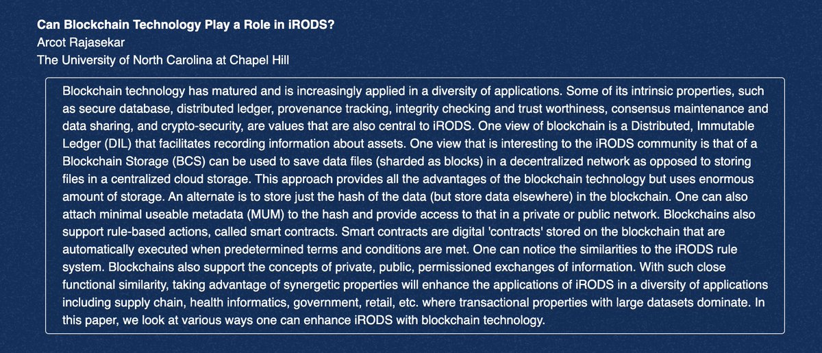 irods's tweet photo. At the #iRODSUGM, Raja (one of the original authors of iRODS) will discuss the ways one can enhance #iRODS with #blockchain technology. Both share intrinsic values such as #securedatabase + #datasharing. Check it out at 3:40 PM CET / 9:40 AM ET on July 6.

https://t.co/LOnRD7cBf0 https://t.co/boJPaJxwWl