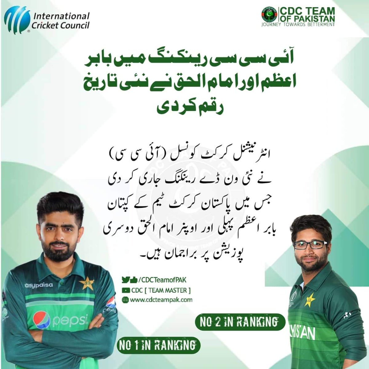 TechnoX0fficial's tweet photo. پاکستانی کرکٹرز کی شاندار کامیابی 

 ون ڈے رینکنگ میں بابر اعظم پہلے اور امام الحق دوسرے نمبر پر

#FaceOfPakistan 
#CDCTeamOfPAK https://t.co/qJ50CpPTvc