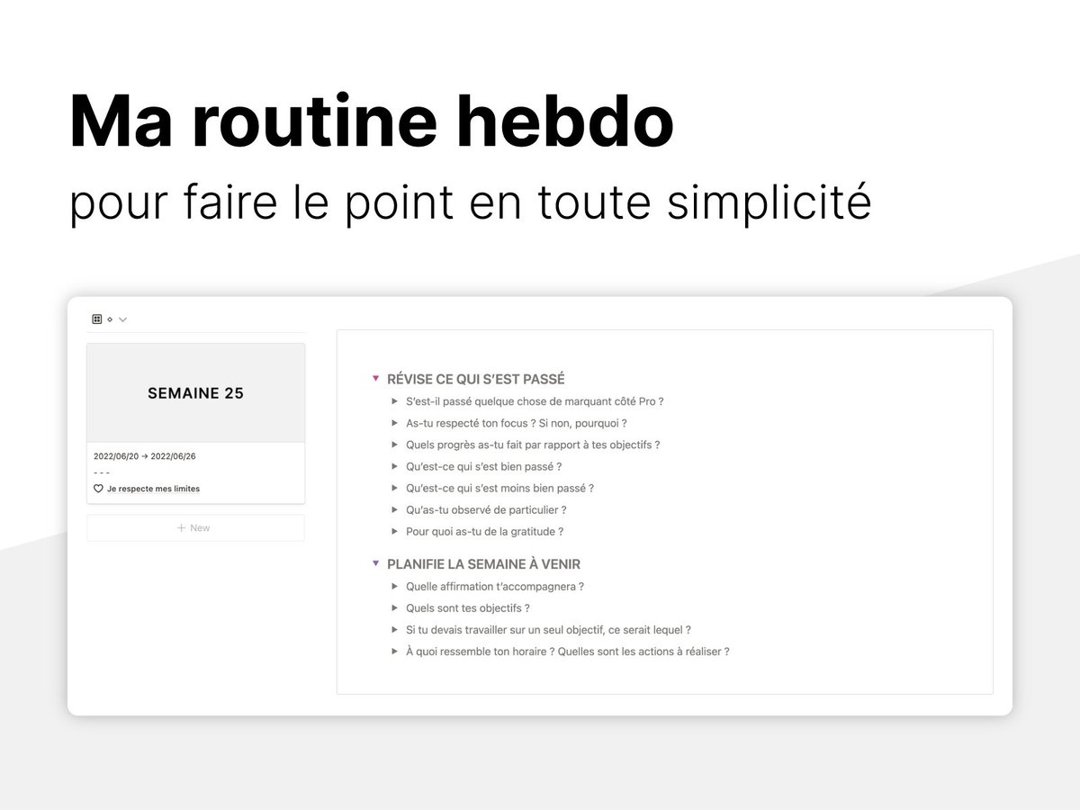 Es-tu du genre à faire ta routine hebdo le lundi, le vendredi ou le dimanche ? 🤔

Perso, je suis de la team du vendredi ! C’est une belle façon de se libérer l’esprit avant le week-end 😉

Évidement, je fais tout dans <a href="/NotionHQ/">Notion</a> !

#notionfr #passionorga #routinehebdo