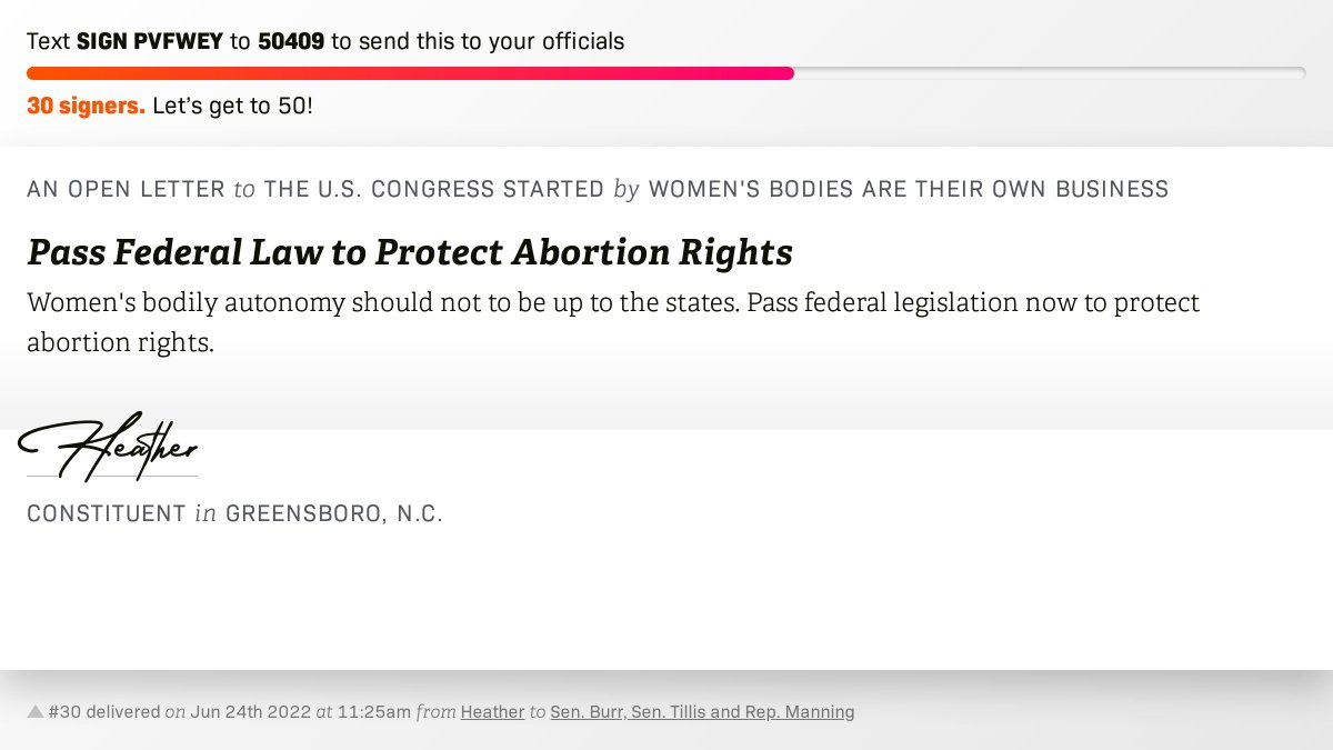 openletterbot's tweet photo. 🖋 Sign “Pass Federal Law to Protect Abortion Rights” and I’ll deliver a copy to your officials: https://t.co/Yv1etqLhLm

📨 No. 30 is from @katala97 to @SenatorBurr, @SenThomTillis and @RepKManning #NC06 #NCpolitics https://t.co/LgVsjTXRR2