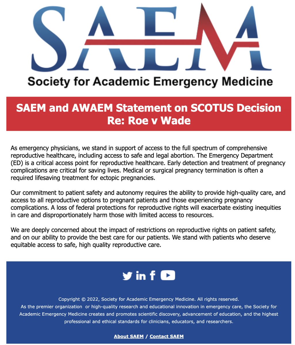 SAEM and AWAEM Statement on SCOTUS Decision Re: Roe v Wade: We are deeply concerned about the impact of restrictions on reproductive rights on patient safety, &amp; on our ability to provide the best care for our patients.