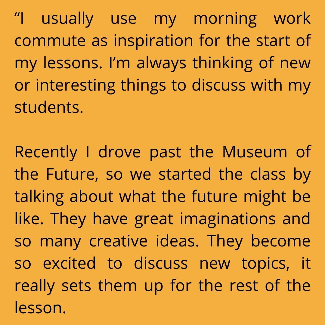 Meet Binu one of the many conversational #TeachersOfDubai 'Recently I drove past the Museum of the Future, so we started the class by talking about what the future might be like.'