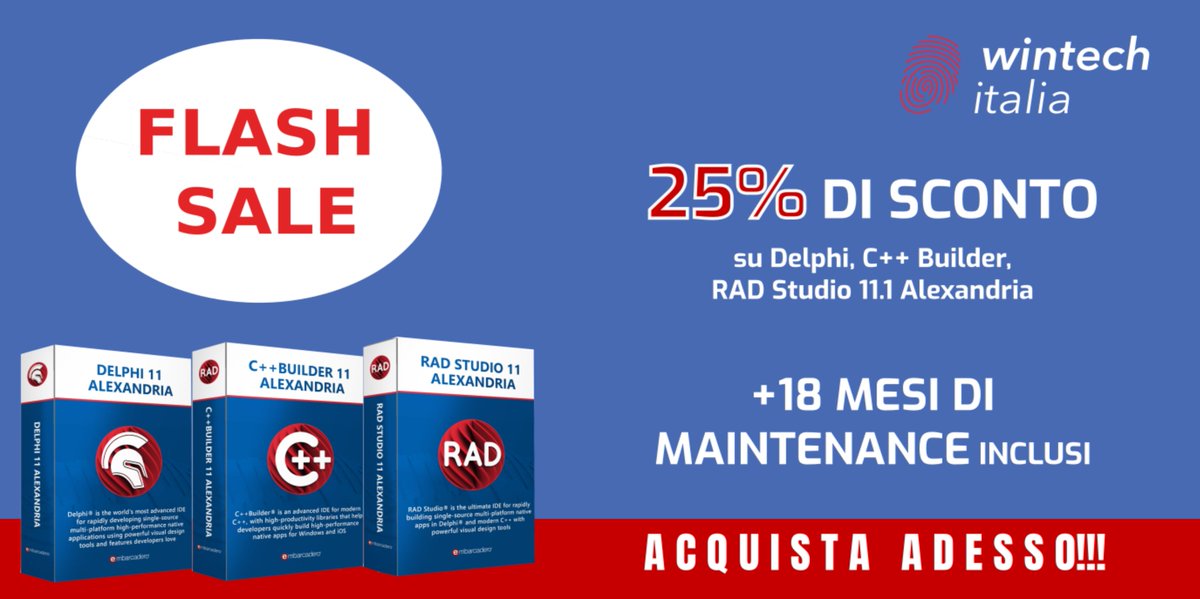 wintechitalia's tweet photo. Il successo del #delphiday 2022 porta a SUPER SCONTI!!! FLASH SALE DEL 25% SU TUTTE LE VERSIONS E TUTTE LE EDITIONS + 18 MESI DI SUPPORT! SHOP NOW!!! https://t.co/vVu8cXVsFy @EmbarcaderoTech #delphi #lovedelphi https://t.co/BclmIVWwPA