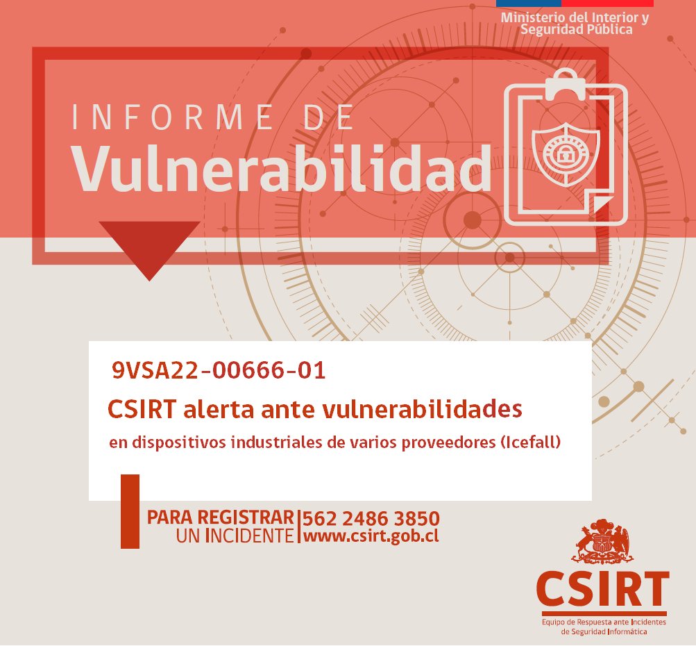 ANCIChile's tweet image. 🩹Como CSIRT de Gobierno (#CSIRTGob) les compartimos #vulnerabilidades dadas a conocer bajo el nombre de #Icefall y que afectan a sistemas industriales de proveedores como #Honeywell, #Siemens, #Omron, #Motorola, #Yokogawa, #Emerson, #JTEKT y #BentlyNevada csirt.gob.cl/vulnerabilidad…