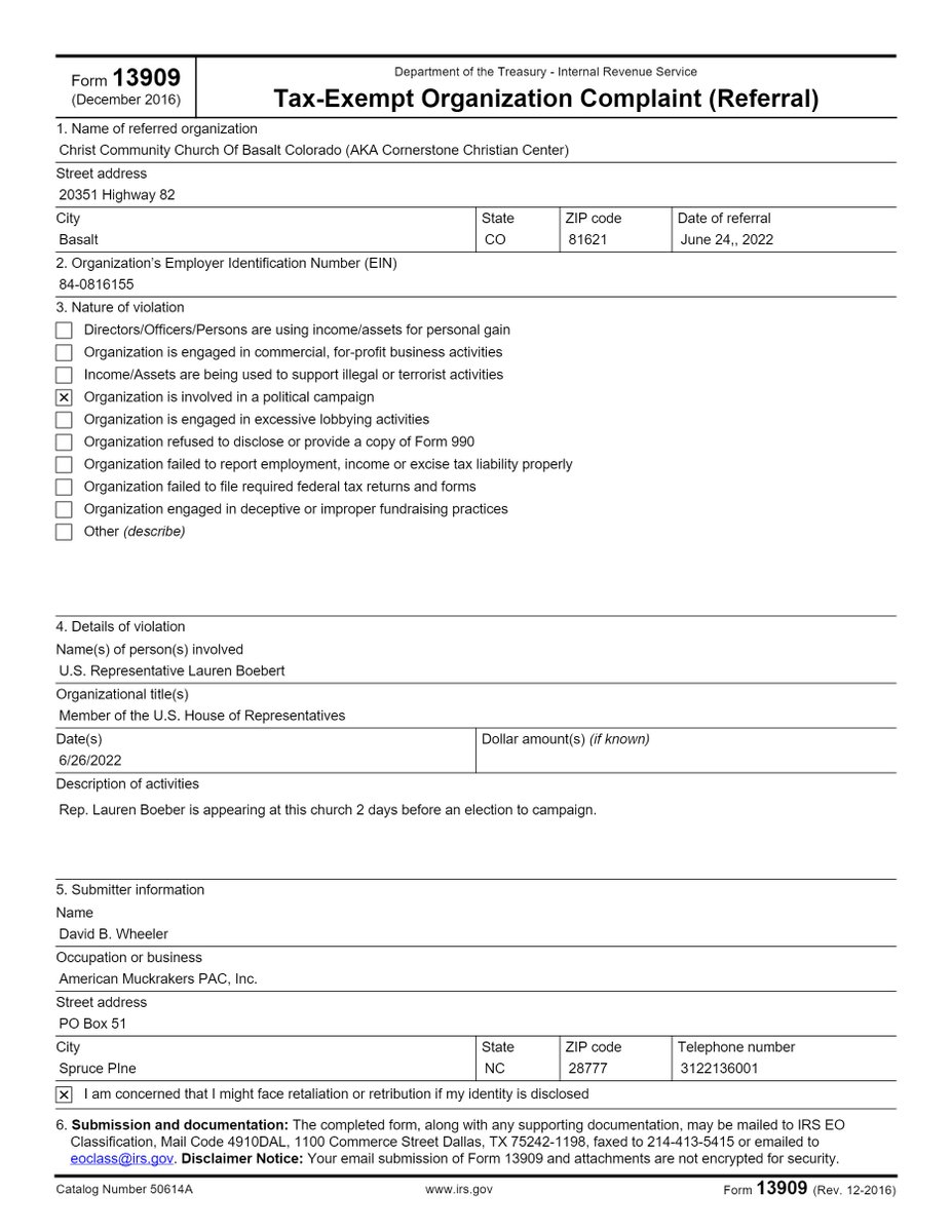 AmericanMuck's tweet photo. We've filed a pre-emptive tax exempt organization complaint against Cornerstone Christian Center for allowing @LaurenBoebert to appear at 2 services this Sunday for political speeches 2 days before an election.  This is illegal political activity at an IRS designated non-profit. https://t.co/ij22c8vNhd