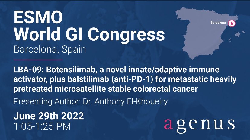 Steven O'Day, MD (@odaymd) on Twitter photo Less than a week away from @ESMOWorldGI in Barcelona! <a href="/DrElkhoueiry/">Anthony El-Khoueiry</a> will be sharing clinical data on botensilimab & balstilimab in MSS CRC in a late-breaking oral session on June 29th. #WCGIC2022. More info at: investor.agenusbio.com/news-releases/… Less than a week away from @ESMOWorldGI in Barcelona! <a href="/DrElkhoueiry/">Anthony El-Khoueiry</a> will be sharing clinical data on botensilimab & balstilimab in MSS CRC in a late-breaking oral session on June 29th. #WCGIC2022. More info at: investor.agenusbio.com/news-releases/…
