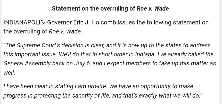 And there it is. @GovHolcomb says abortion to be addressed at July 6 special session.