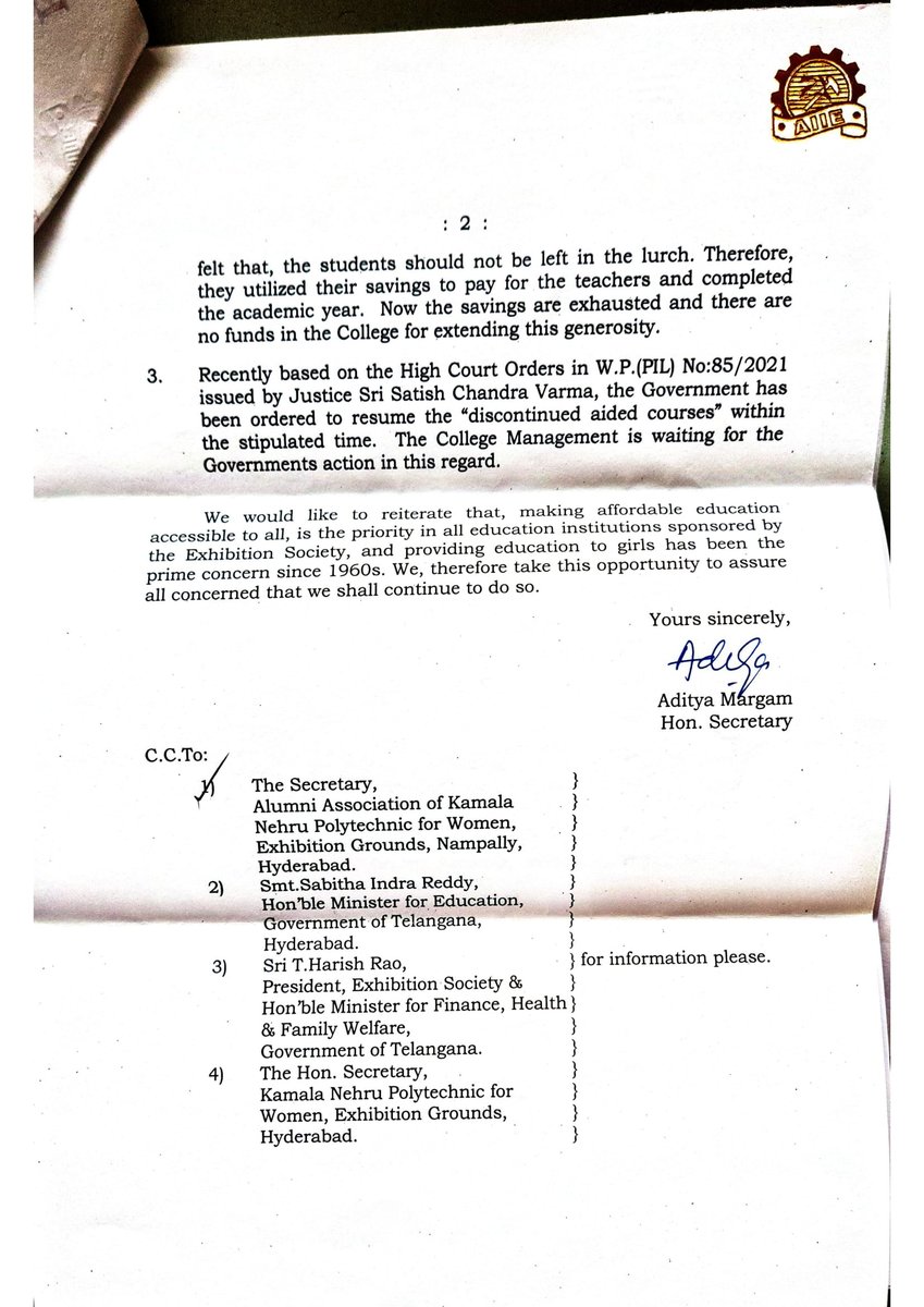 SaveKNPWC's tweet photo. Exhibition society management is willing to continue all the aided courses in #KNPW. However they need financial support to pay teaching staff of aided courses. 
We request @TelanganaCMO to intervene and do the needful.
@trsharish @KTRTRS @SabithaindraTRS @navinmittal @TSEduDept https://t.co/guXl3s92Oc