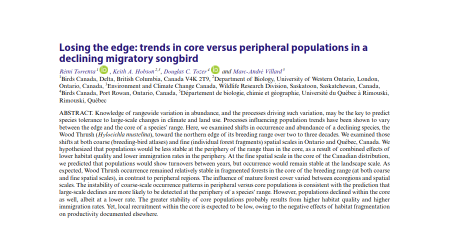 AvianAce's tweet photo. Torrenta, R., K. A. Hobson, D. C. Tozer, and M.-A. Villard. 2022. Losing the edge: trends in core versus peripheral populations in a declining migratory songbird. Avian Conservation and Ecology 17(1):28.
https://t.co/uTmoHKW1Pq
#ornithology https://t.co/aA2my8wyy0