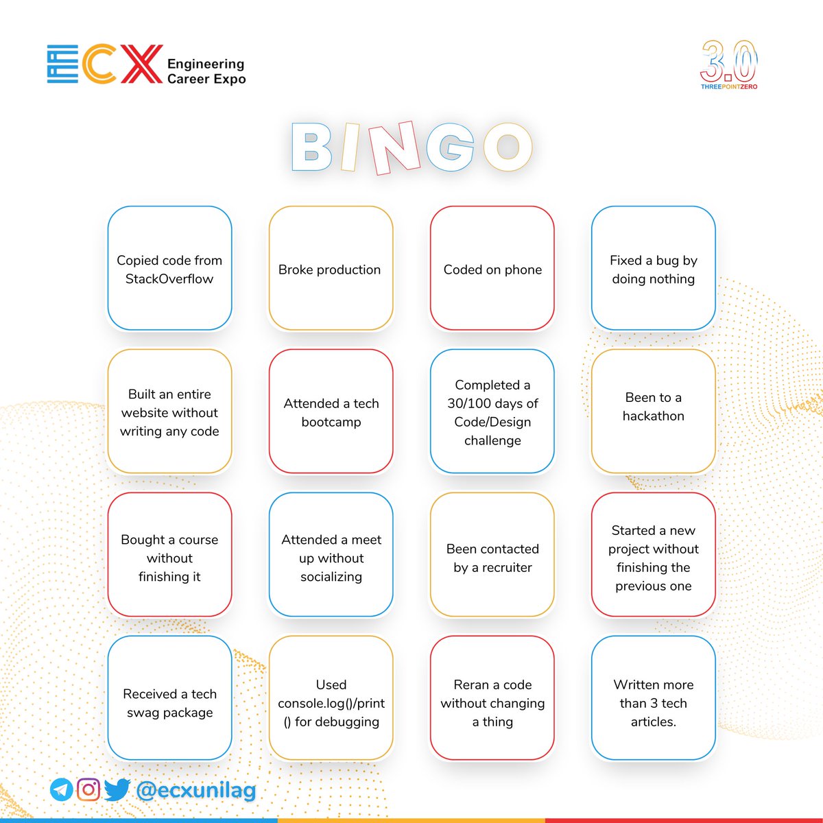 engcareerexpo's tweet photo. ECX Game Night is back and in new fashion! 💃✨

Which of these have you done? Tick, repost, and tag us as you do!*🤩

Don't forget to leave a clean slate for your friends.  

💙💛❤️

#ecx3 #ecxunilag #tech #gamenight  #tech https://t.co/aGQSeYawkx