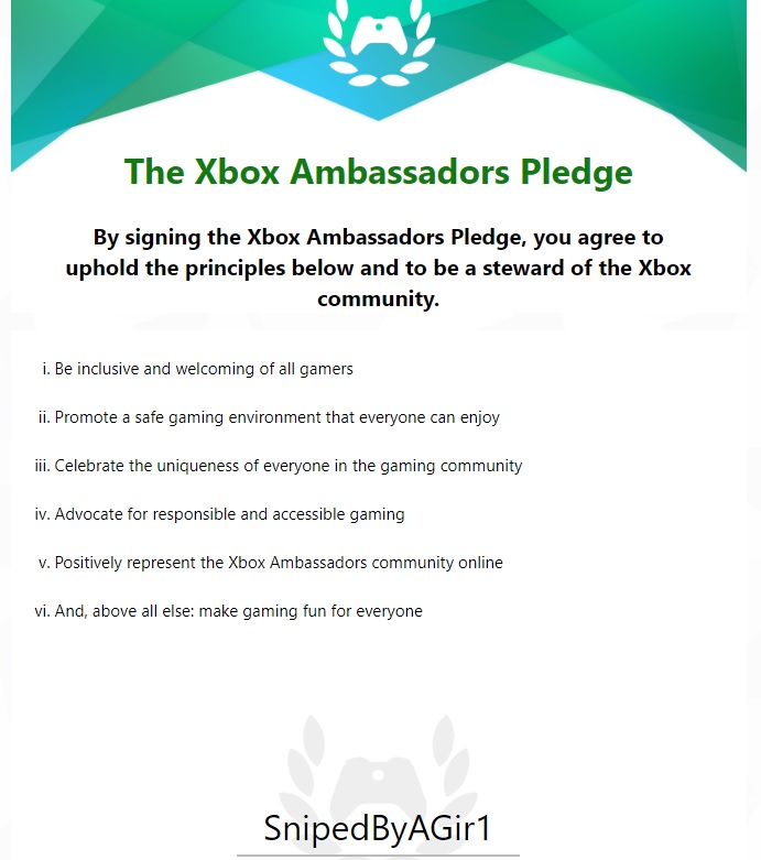 SnipedByAGir1's tweet photo. Who else is taking the Xbox Ambassadors Pledge? 🙋🏻♀️
#XAValues #XboxAmbassadors https://t.co/ilOqDpOSzf