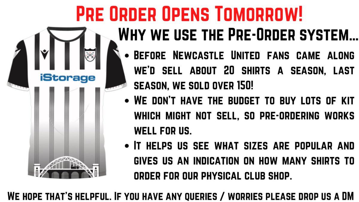 PRE ORDER OPENS TOMORROW!

Here’s some more info⬇️

Please remember, we aren’t a league club so we can’t order 00’s of shirts at a time,this method works for us😁

Do you think we’ll sell more shirts than last season?🤔

2018/19 - 20 shirts
2021/22 - 150 shirts
2022/23 - ? shirts