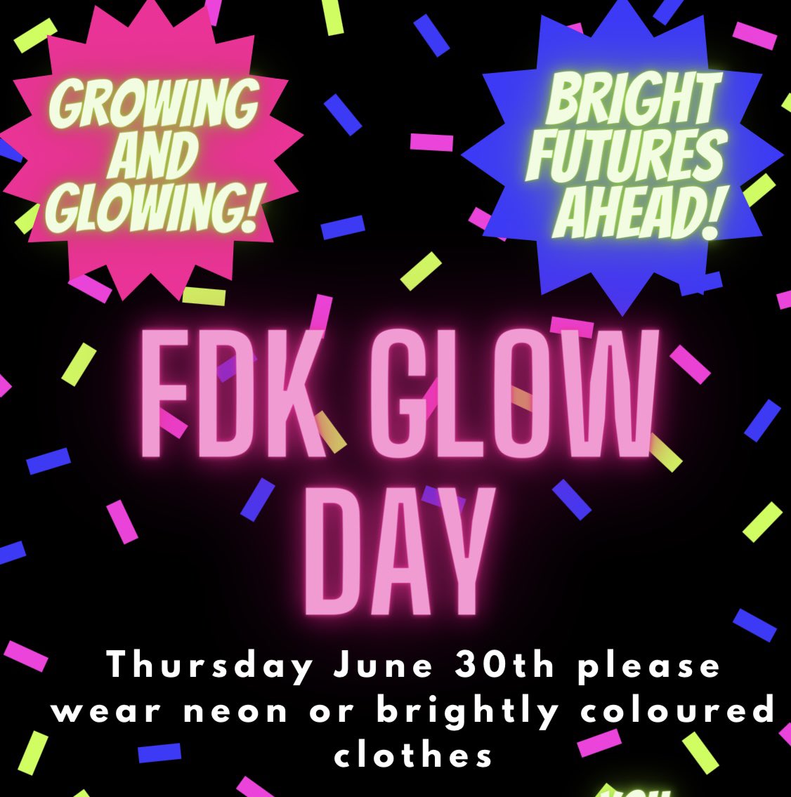 We will be celebrating the last day of school with GLOW DAY! 🔆🎉😃Don’t forget to wear your bright or neon colours next Thursday! 🟣🟡🟢🔵 <a href="/stalphonsaDP/">St. Alphonsa Catholic Elementary School</a>