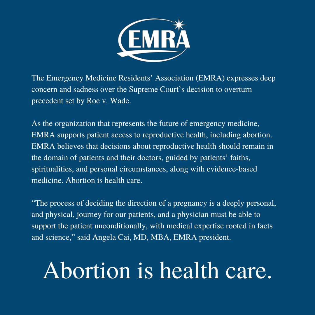 EMRA supports full access to reproductive care including safe abortion. As the future physicians of emergency medicine caring for patients in the best and worst moments of pregnancy, we believe this care is between the patient and their physician. ow.ly/lfRk50JH24y