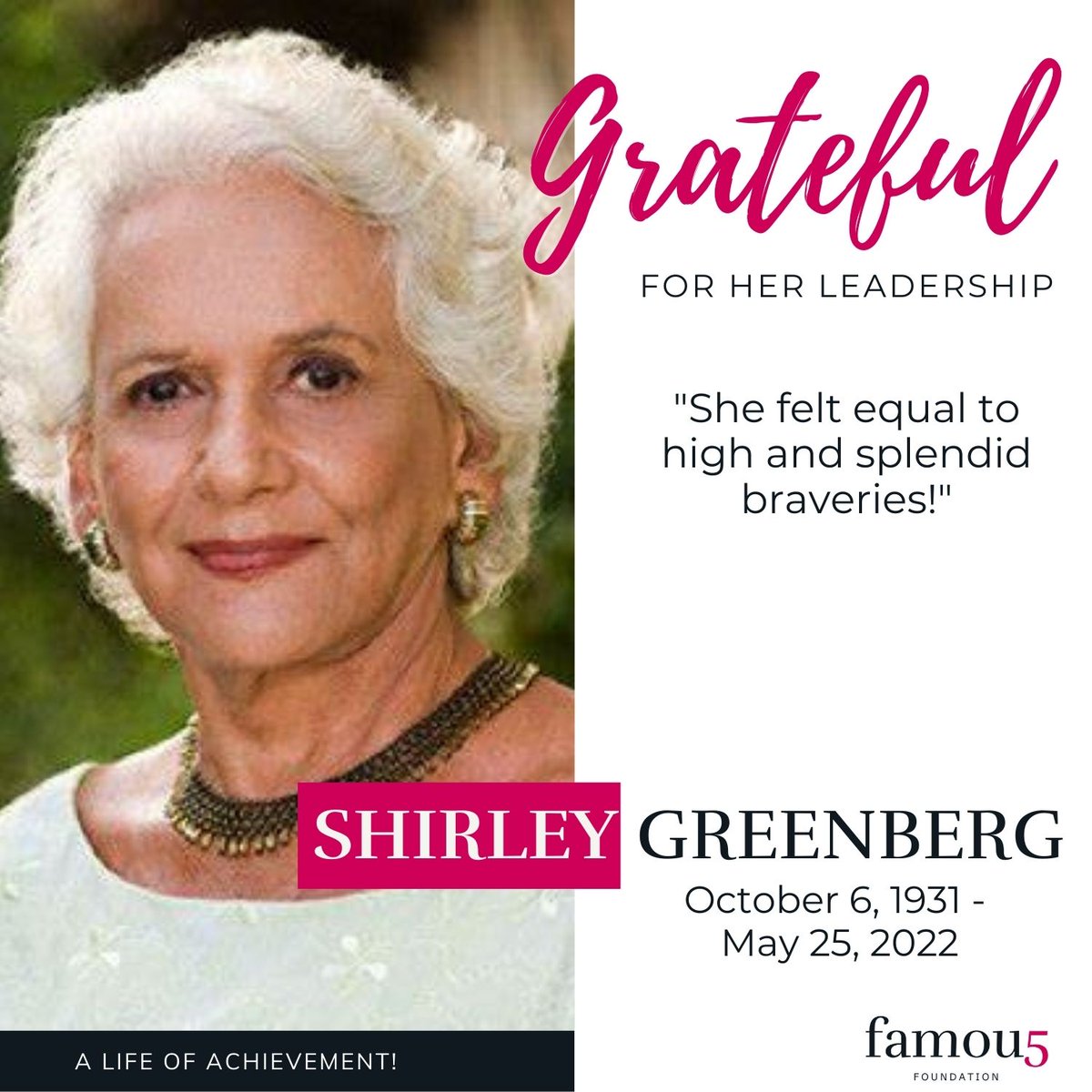 Famous5Fdn's tweet photo. We were saddened to hear of the passing of trailblazer and philanthropist Shirley Greenberg. Shirley was an inspiring advocate for women’s health and one of Ottawa’s most prominent women’s rights advocates.
#shirleygreenburg #philanthropist #wearefamous #womensrightsadvocate https://t.co/TNrE0zb5Pj