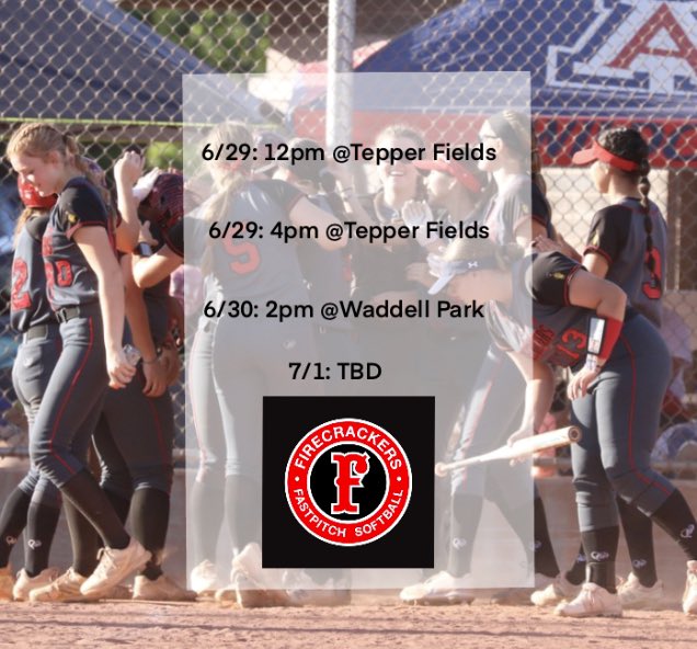 Firecrackers are headed to Colorado!! Here’s our upcoming game times! 🧨🥎
<a href="/Firecrackers_AZ/">Firecrackers-AZ</a> 
<a href="/TexasCoachWhite/">Mike White</a> @CoachSingTexas <a href="/CoachSorden/">Ben Sorden</a> <a href="/Coach_Alameda/">Lonni Alameda</a> <a href="/TCam_FSUSB/">Troy Cameron</a> <a href="/FSU_CoachWilson/">Travis Wilson</a> <a href="/MaribethGorsuch/">Maribeth Gorsuch</a> <a href="/_TimWalton/">Tim Walton</a>
