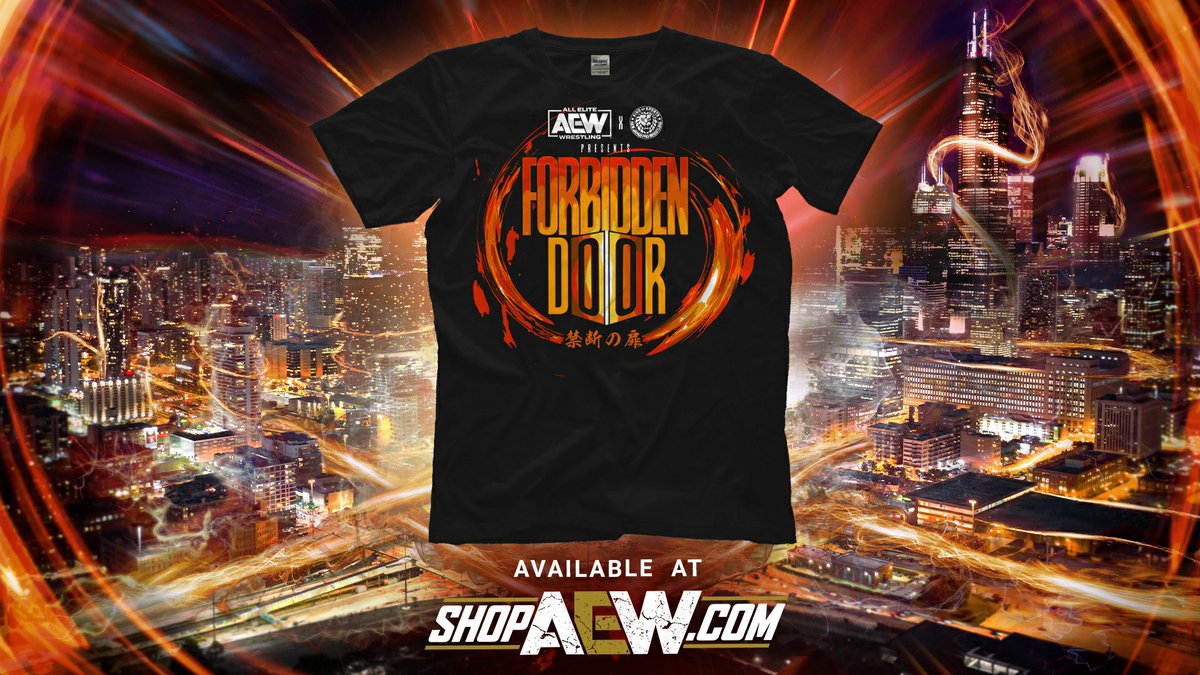 The #ForbiddenDoor event shirt has arrived at ShopAEW.com! Check it out! #shopaew #aew #njpw