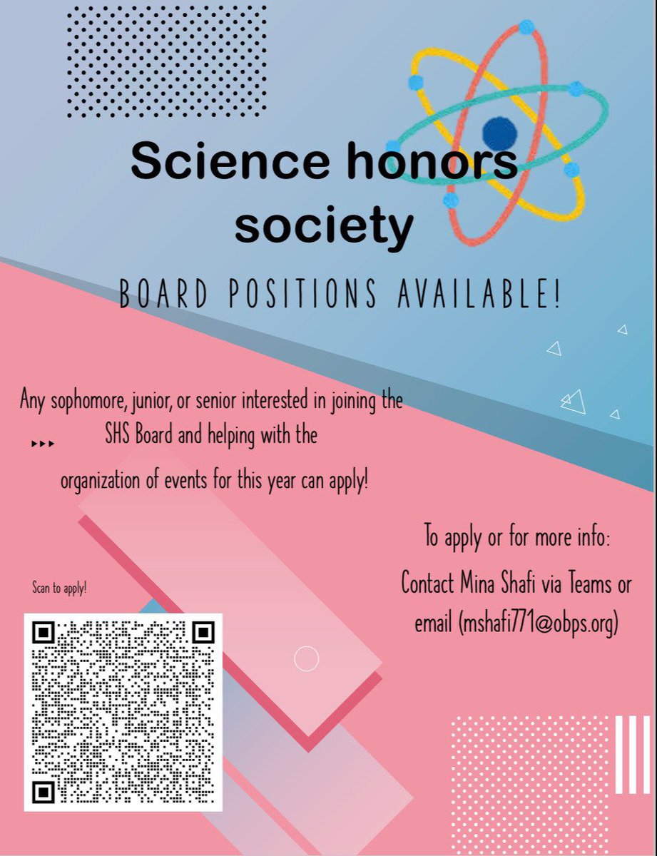 Board positions are open for the Science Honors Society!! Please find more information on the flyer and contact Mina Shafi if you’re interested.

<a href="/FazioSally/">Mrs. Fazio 💜</a> <a href="/obhs_announce/">OBHS Announcements</a>