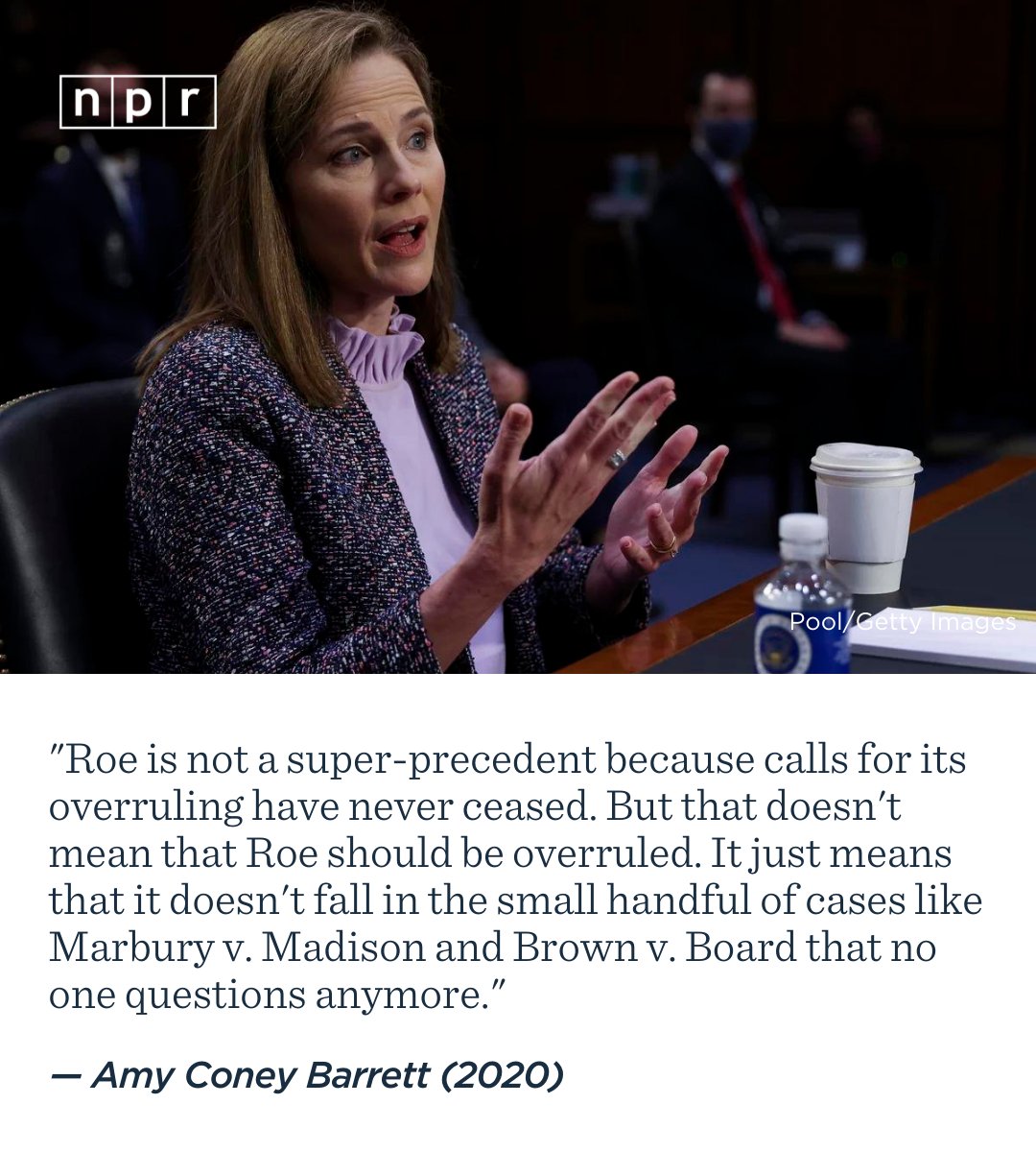 NPR's tweet photo. 5. Amy Coney Barrett (2020)

Barrett was asked if she considered Roe to be a "super-precedent."

She answered by defining super-precedent as "cases that are so well settled that no political actors and no people seriously push for their overruling."

https://t.co/zun18jG1oq https://t.co/pppZtmBiqi